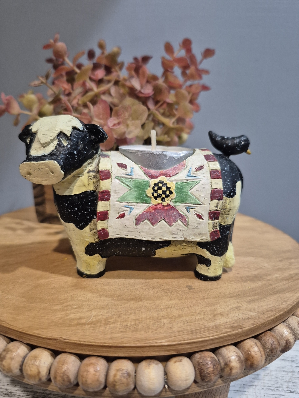 Hand-Painted Decorative Cow Candle Holder - Cottagecore Rustic